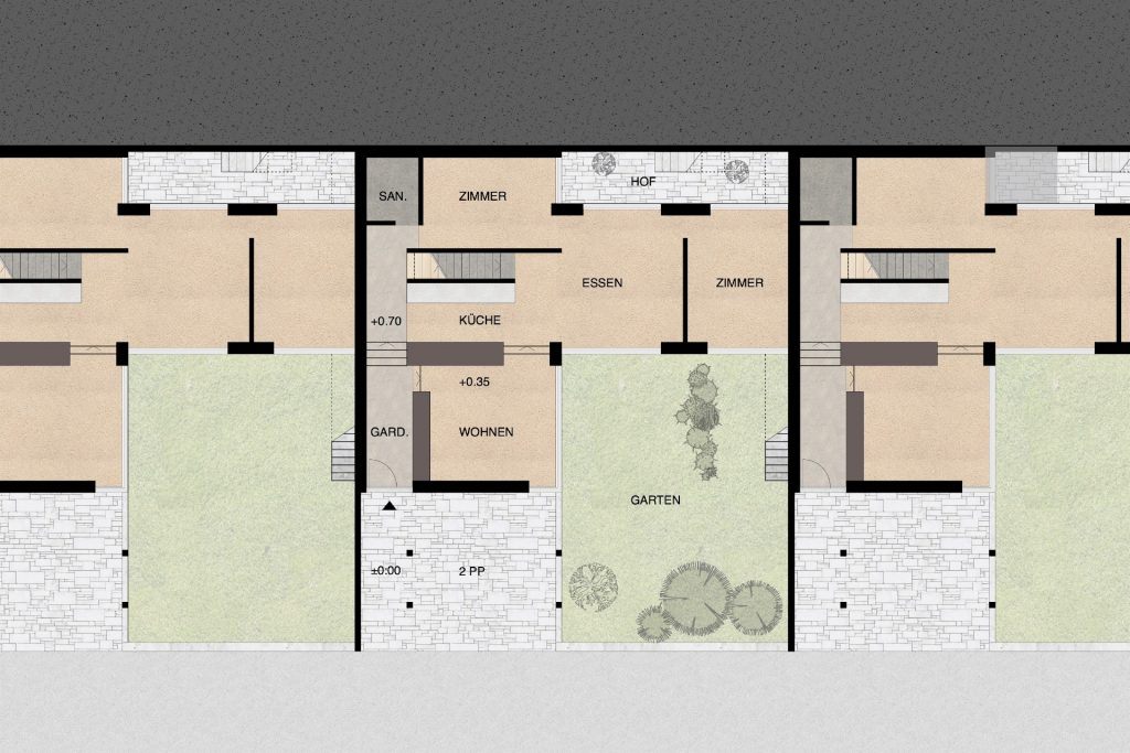 Gestaltungsplan Schönenwerd Grundriss Erdgeschoss Haustyp B |Winkelförmige Häuser um einen Hofgarten