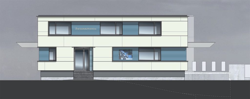 NW-Fassade mit Fensterbändern, blauen Glas-Zwischenfeldern, Eternitverkleidung mit Fugenbild
